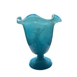 VTG Fenton Peking Blue Glossy Dancing Ladies Footed Ruffle Vase 7"